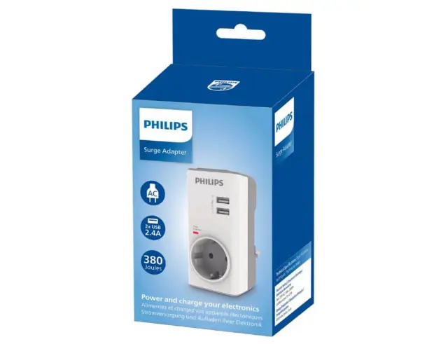 Μονόπριζο Ασφαλείας Philips CHP4010W/GRS - 1x Schuko - 2x USB-A - Προστασία Υπέρτασης - ΛευκόCHP4010W/GRS 2