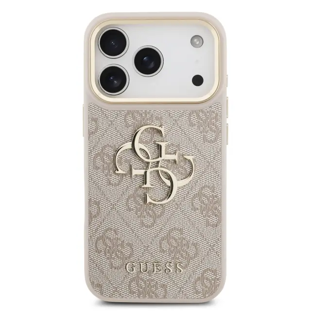 Guess PU Leather 4G Metal Logo Gold Frame Case for iPhone 17 Pro Pink 3