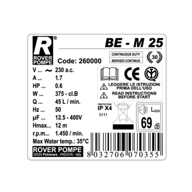 Rover Pompe ΒΕ-Μ 25 Αντλία μετάγγισης με ιπποδύναμη 0,6 HP μπρούτζινη / 101341 2
