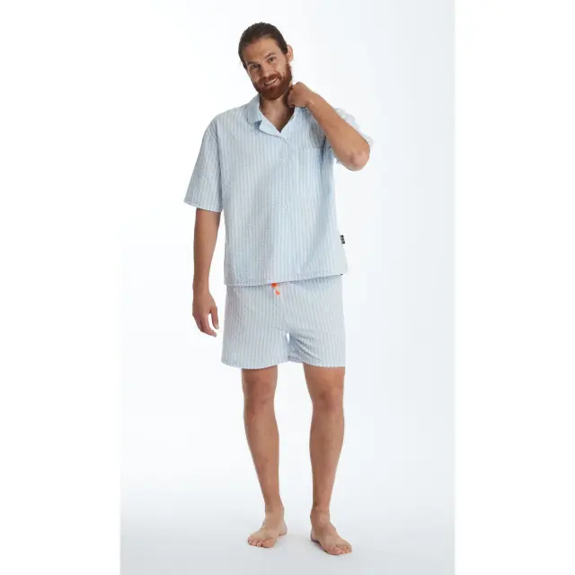 Ανδρική κοντομάνικη πυτζάμα κουμπωτή Vichy Azzurro 6272 Καρώ-Σιέλ Happy People