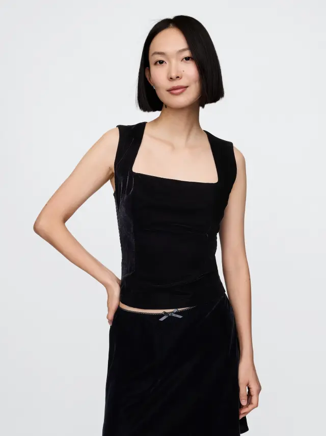 Μαύρο Ανακυκλωμένο Velvet Square-Neck Cropped Τοπ True black