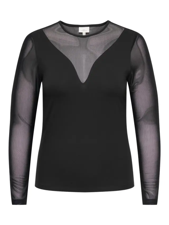 Μπλούζα με διαφάνεια και V λεπτομέρεια Plus size - Μαύρο - XS