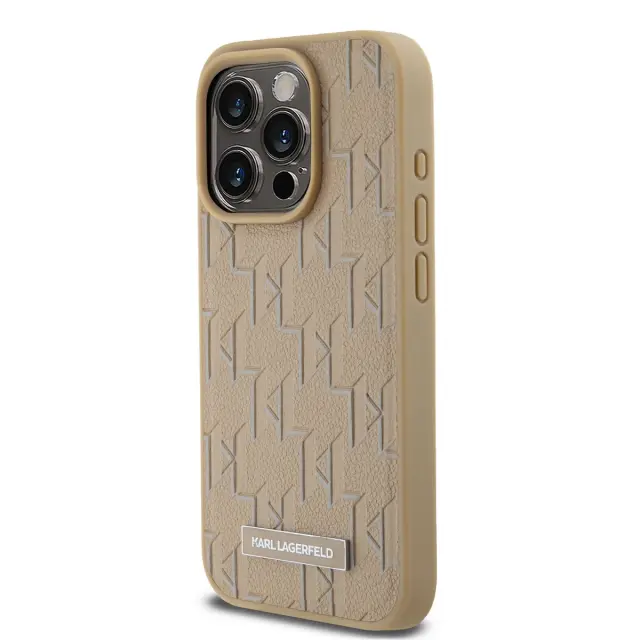 Karl Lagerfeld PU Leather Monogram Metal Logo MagSafe Case for iPhone 14 Pro Max Beige 3