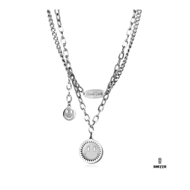 Ghetto Smile Circle Pendants Double Layer Necklace SS Silver