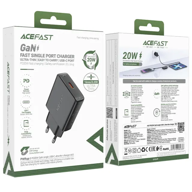 Φορτιστής Ταξιδίου Acefast A65 Ultra Thin Fast Charging 1xUSB-C PD20W QC3.0 GaN Μαύρος 2