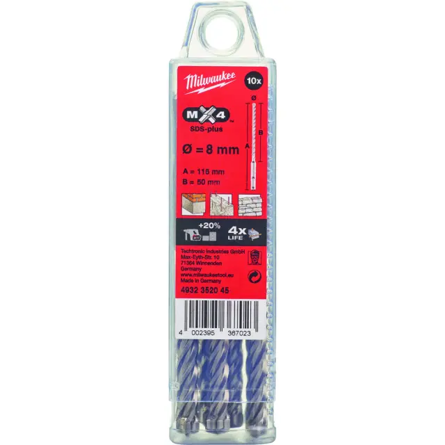 Τρυπάνια SDS-PLUS 8x115mm 4 Κοπών MILWAUKEE MX4 Σετ 10Τμχ 2