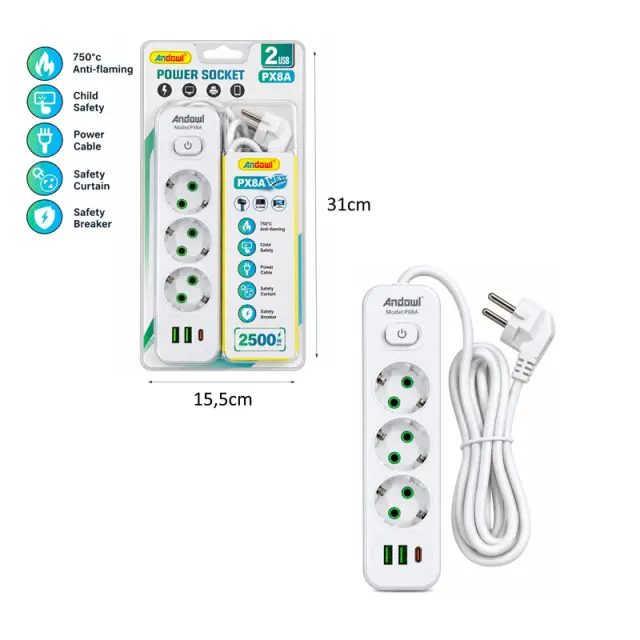 Andowl Πολύπριζο 3 Θέσεων με 2 USB, 1 Type-C, Διακόπτη ON/OFF και Καλώδιο 2m 2500W PX8A - 3 Socket Power Socket 0751302 3