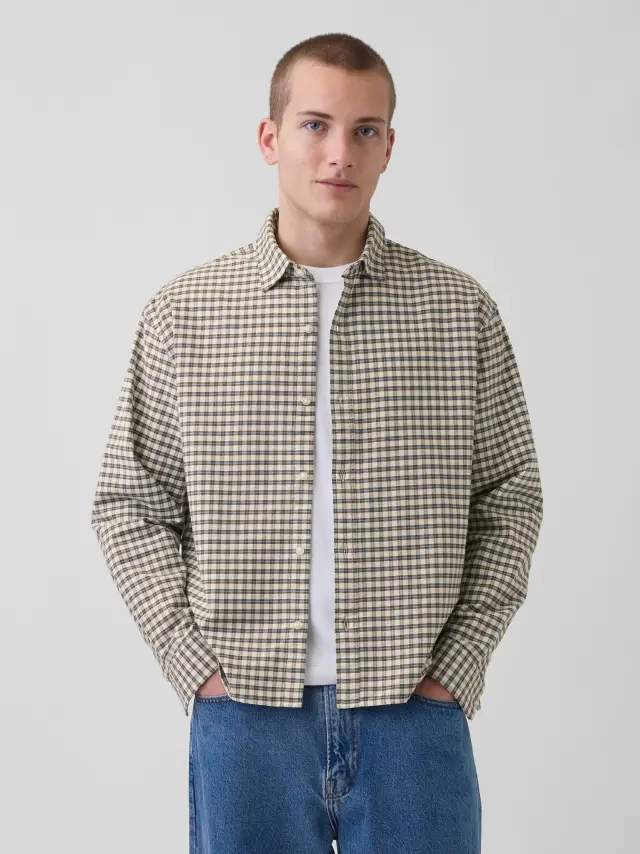 Oxford Πουκάμισο Relaxed Crop Ίσιο Στρίφωμα CREAM CHECK