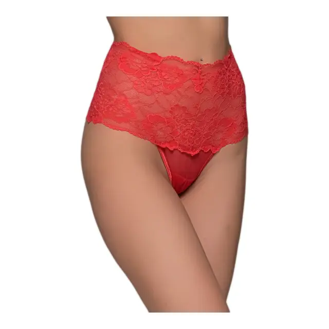 Milena Γυναικείο String Ψηλόμεσο με Δαντέλα & Δίχτυ, Χρώμα Κόκκινο