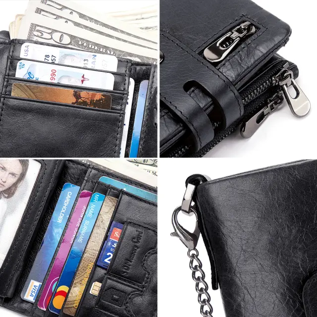 Μαύρο Δερμάτινο Ανδρικό Πορτοφόλι RFID με Φερμουάρ και Αλυσίδα Ασφαλείας 3
