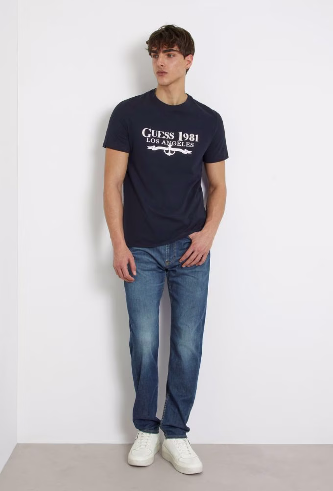 Guess Ανδρικό Ελαστικό T-shirt με Στάμπα Μπροστά Μπλε Σκούρο - XL 2