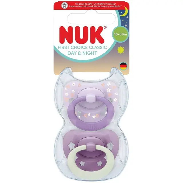 Nuk First Choice Classic Day & Night Πιπίλες Σιλικόνης Νυκτός με Θήκη Μωβ για 18-36 μηνών 2τμχ