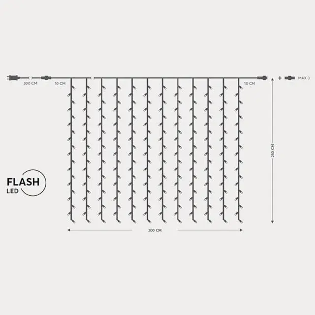 Κουρτίνα 500 Flash LED Προέκταση 300cm Διάφανο Καλώδιο Θερμό Λευκό Φως 300x250cm IP44