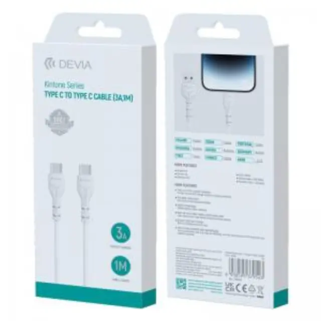 Καλώδιο Σύνδεσης USB 2.0 Devia EC151 USB C σε USB C 15W 1m Kintone Λευκό N62167 3