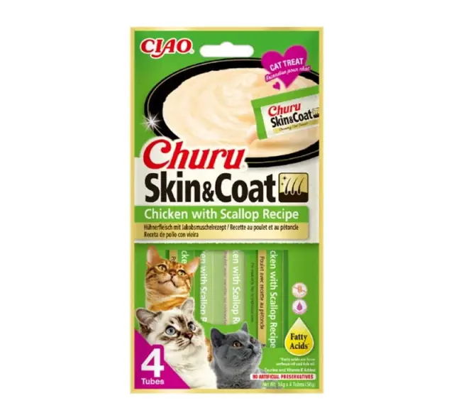 Ciao Churu Skin & Coat Λιχουδιά σε Κρέμα με Γεύση Κοτόπουλο & Χτένια για Γάτες (4x14gr) Μονόχρωμο