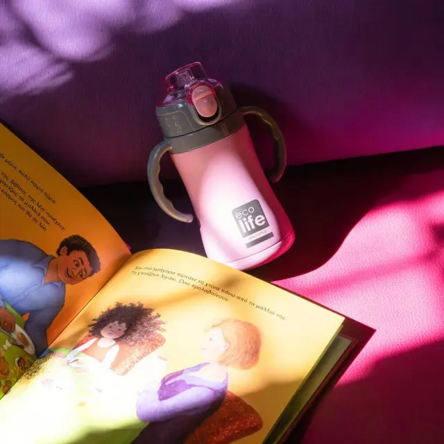 Ecolife Kids Thermos Pink Ανοξείδωτο Παγούρι Θερμός με Καλαμάκι και Χερούλια 300ml 2