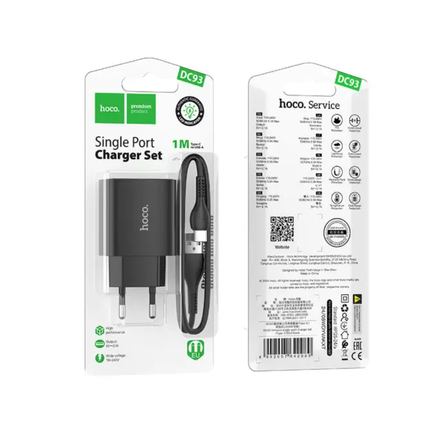 Φορτιστής Ταξιδίου Hoco. DC93 1xUSB-A 5V 2.1A με Καλώδιο USB-A σε USB-C Μαύρο 2