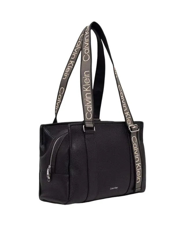 Calvin Klein Γυναικεία Μεγάλη Τσάντα Tote Webbing Strap Logo Adjustable Μαύρη Μπεζ 2