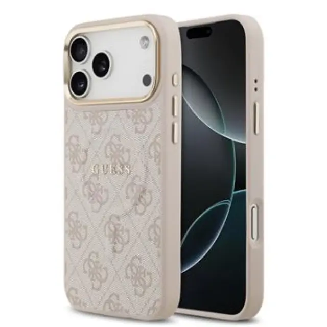 Guess PU Leather 4G Gold Frame MagSafe Case for iPhone 17 Pro Max Pink