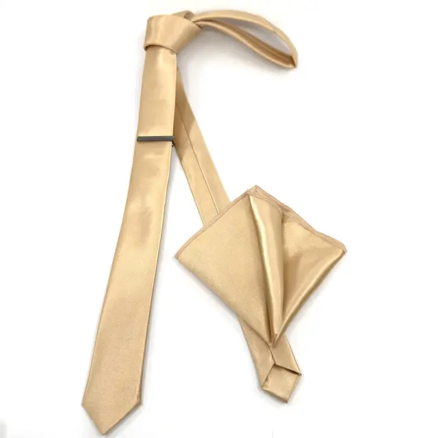 Χρυσαφί Γραβάτα Σατέν Glossy Slim 4,5 cm με Ασορτί Μαντήλι 3