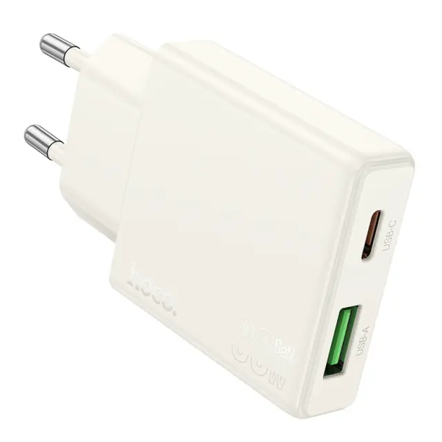 Φορτιστής Ταξιδίου Hoco N45 Biscuit Ultra Thin με 2 Εξόδους Φόρτισης USB-C PD30W και USB 18W QC3.0 Slim Moonlight White