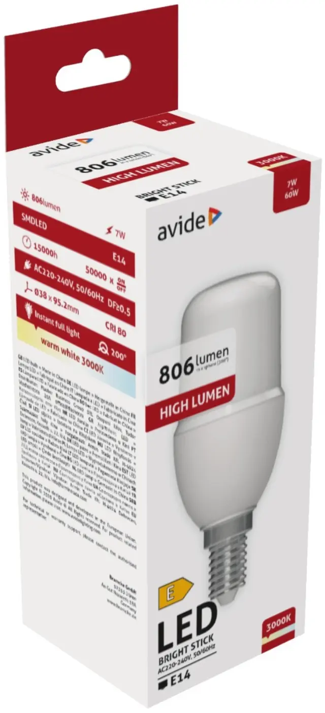 Avide LED Bright Stick Bulb T37 7W E14 Θερμό 3000K 15.001.1923