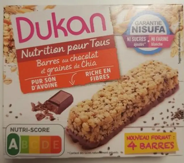 Dukan Μπάρες Βρώμης με Chia + Σοκολάτα, Συσκευασία των 4 Τεμαχίων, 111γρ