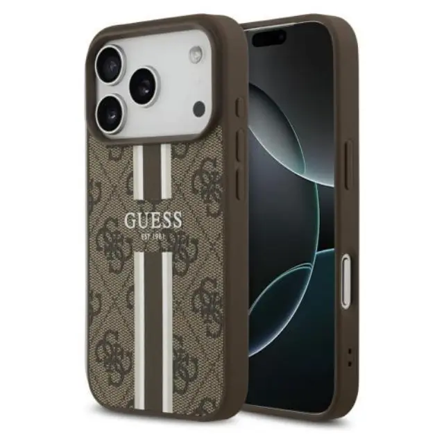 Θήκη PU Guess Apple iPhone 18 Pro/ 17 Pro MagSafe Hardcase Printed Stripes 4G Καφέ N68991