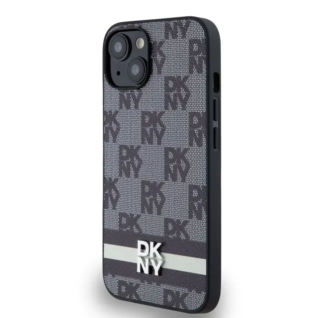 DKNY PU Leather Checkered Pattern and Stripe Case for iPhone 14 Black 3
