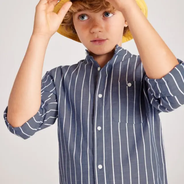 Junior 10 έως 18 ετών Πουκάμισο μακρυμάνικο γιακάς μάο ναυτικό μπλε - 18Ε