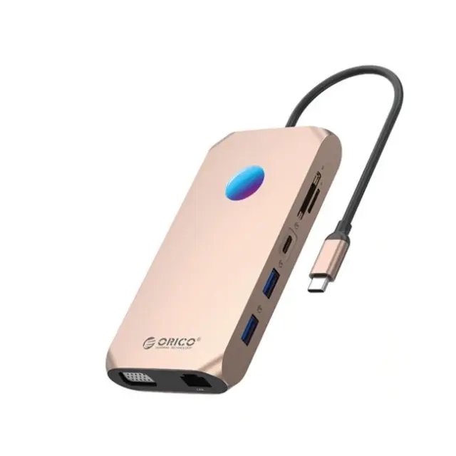 Orico Docking Station XCR 12in1 RGB 3x USB-A 3.1 1x USB-A 2.0 1x USB-C PD 100W 1x USB-C 3.1 1x HDMI 1.4 4K30Hz 1x VGA 1080p 1x microSD/SD 3.0 1x RJ Gigabit Ethernet 1x Audio CTIA 3.5mm Rose Gold