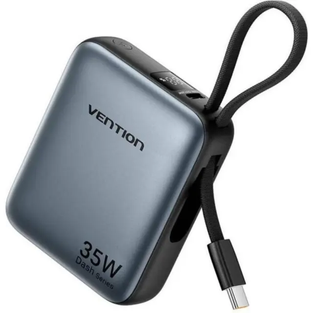 VENTION 10000mAh Mini Power Bank (USB-C + USB-C) with Built-in USB-C Cable 35W Gray Universal Type (FHEN0-TY) (VENFHEN0-TY)