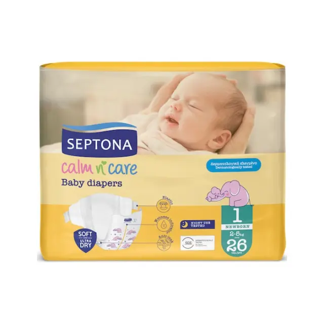 Septona Πάνες με Αυτοκόλλητο Calm & Care No. 1 για 2-5kg 26τμχ