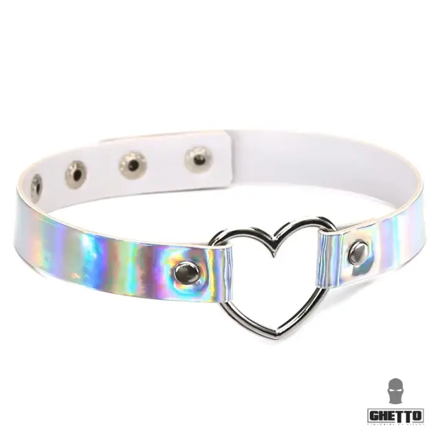 Ghetto Punk Color Leather Heart Choker Necklace Silver
