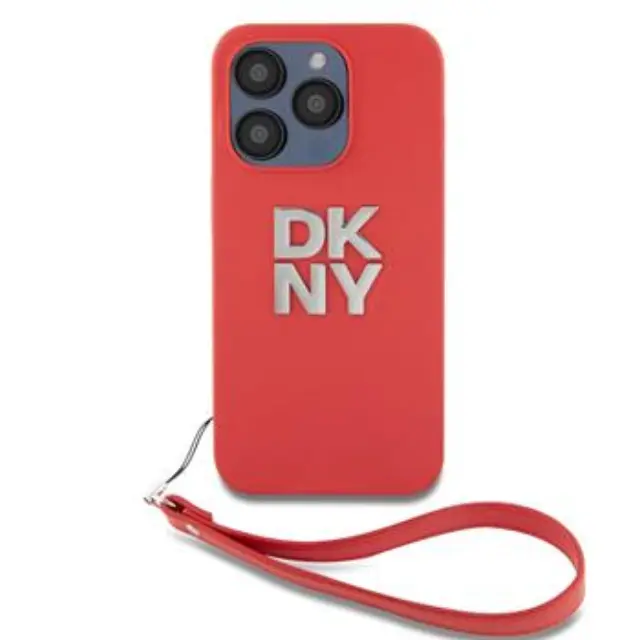 DKNY PU Leather Stack Logo Wrist Strap Case for iPhone 15 Pro Red