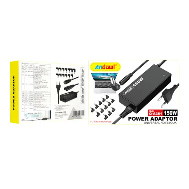 Andowl Q-A281 Universal Τροφοδοτικό 150W με Σετ 13 Εναλλασσόμενων Βυσμάτων - Universal laptop adaptor Z774154 3