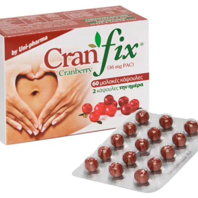 UNIPHARMA Cranfix Συμπλήρωμα Διατροφής για Αντιμετώπιση Ουρολοίμωξης & Τόνωση του Ανοσοποιητικού Συστήματος με Εκχύλισμα Cranberry με Βιταμίνη C, Σελήνιο & Ψευδάργυρο, 60soft caps