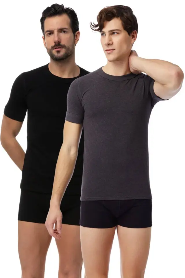 Minerva Sporties Κοντομάνικη Ανδρική Φανέλα 2Pack 12013-160 - ΑΝΘΡΑΚΙ-ΜΑΥΡΟ - S