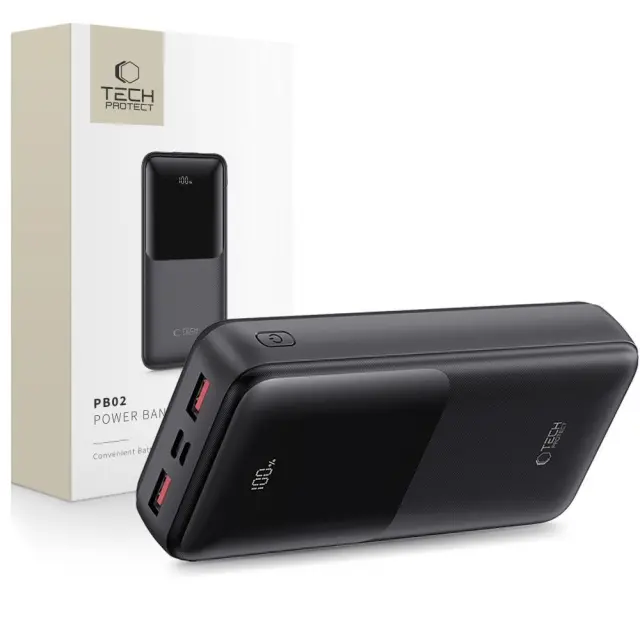 Tech-Protect® PB02 Power Bank 20000mAh 22.5W με 2xUSB-A και 1XUSB-C-Μαύρο