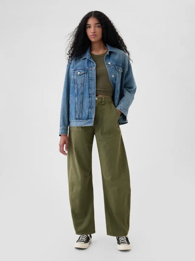 Πράσινο Mid Rise Twill Barrel Παντελόνι Olive green