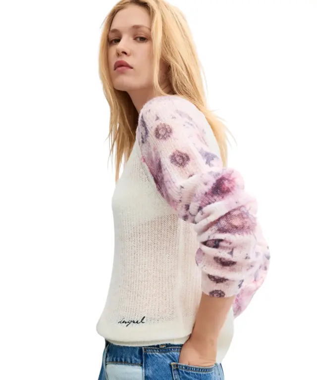 Desigual - Γυναικείο Πλεκτό Πουλóβερ Fantybotanic 26WWJF19-1001 Λευκό με Σχέδια 2