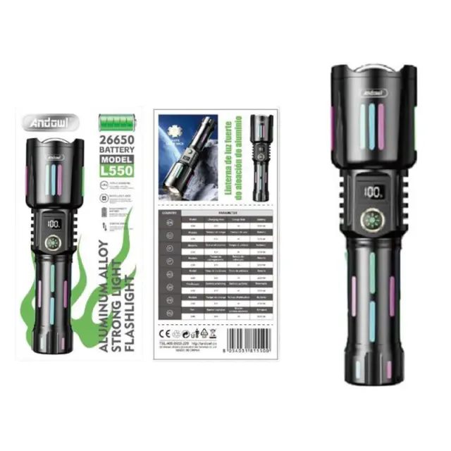 Andowl Επαναφορτιζόμενος Φακός Led 3200mAh με 5 λειτουργίες με δυνατότητα ζουμ L550 - Aluminum Alloy Strong Light Flashlight 075626