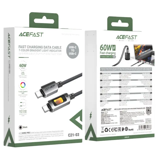 Καλώδιο Acefast C21-03 USB-C σε USB-C 60W 3A Fast Charge USB2.0 με LED Φωτισμό Braided Μαύρο 1.2m 2