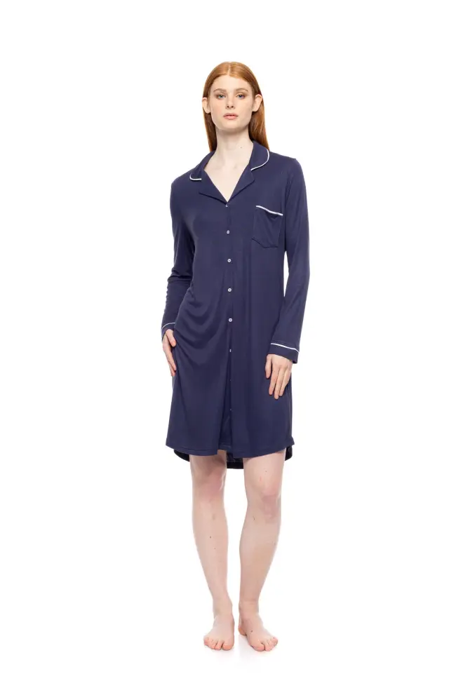 WN-1501 - Yacht Blue - NIGHTGOWN BUTTONED BAMBOO SOLID