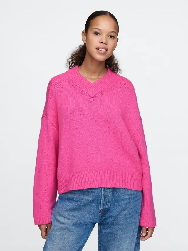 Φούξια CashSoft Oversized V-Neck Πουλόβερ Phlox pink