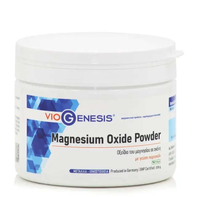 Viogenesis Magnesium Oxide Powder, Συμπλήρωμα Διατροφής με Οξείδιο του Μαγνησίου με γεύση Πορτοκάλι σε Σκόνη 230gr