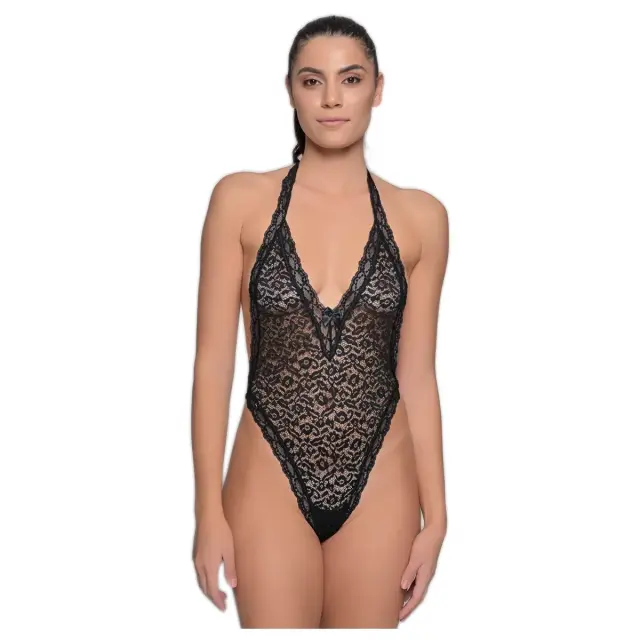 Milena Γυναικείο Δαντελένιο Κορμάκι Halter με Βαθύ V & Διαφάνεια, Χρώμα Μαύρο 3