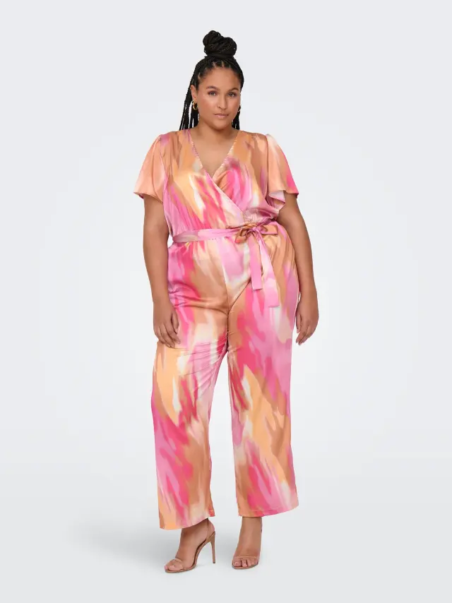Ολόσωμη φόρμα plus size με ζώνη και εμπριμέ σχέδιο - Ρόζ - 44 2