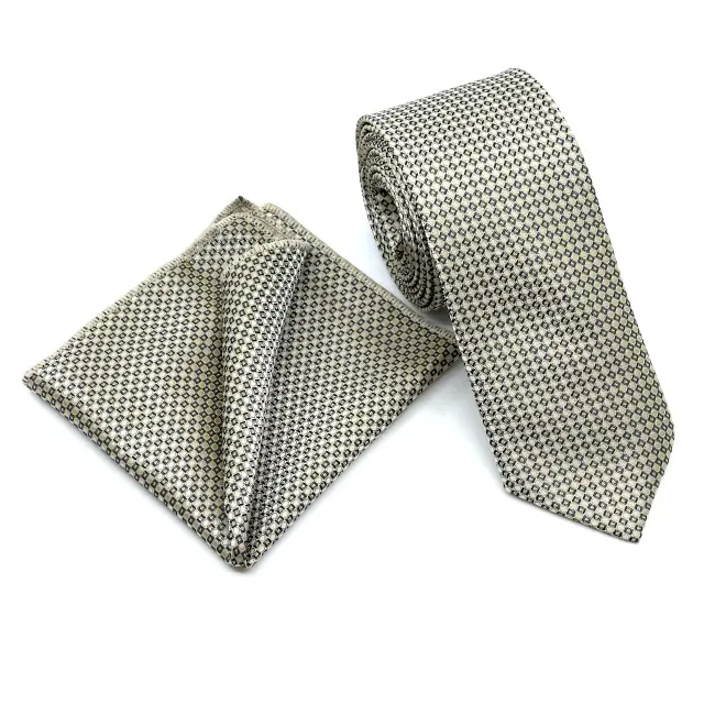 Μπεζ Γραβάτα Microfiber Σετ με Μαντηλάκι 3