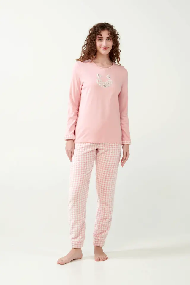 Vamp Γυναικεία Νεανική Πιτζάμα Με Fleece Παντελόνι Pink Peach - S